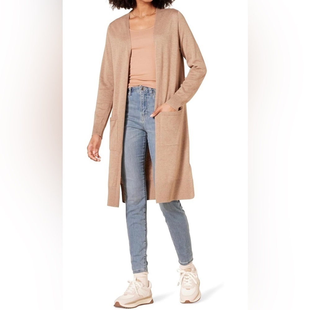 Amazon Essentials Women's Lightweight Longer Length Open Cardigan Sweater Tan XS